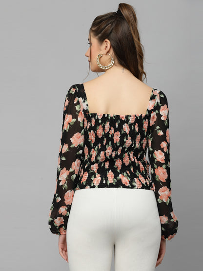 Mafadeny Black Floral Print Tie-Up Neck Chiffon Top