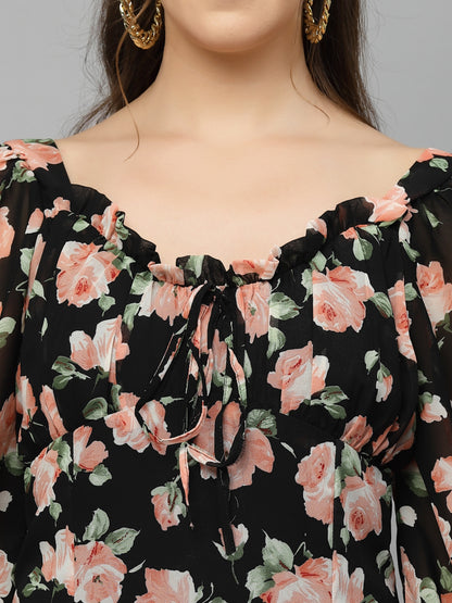 Mafadeny Black Floral Print Tie-Up Neck Chiffon Top