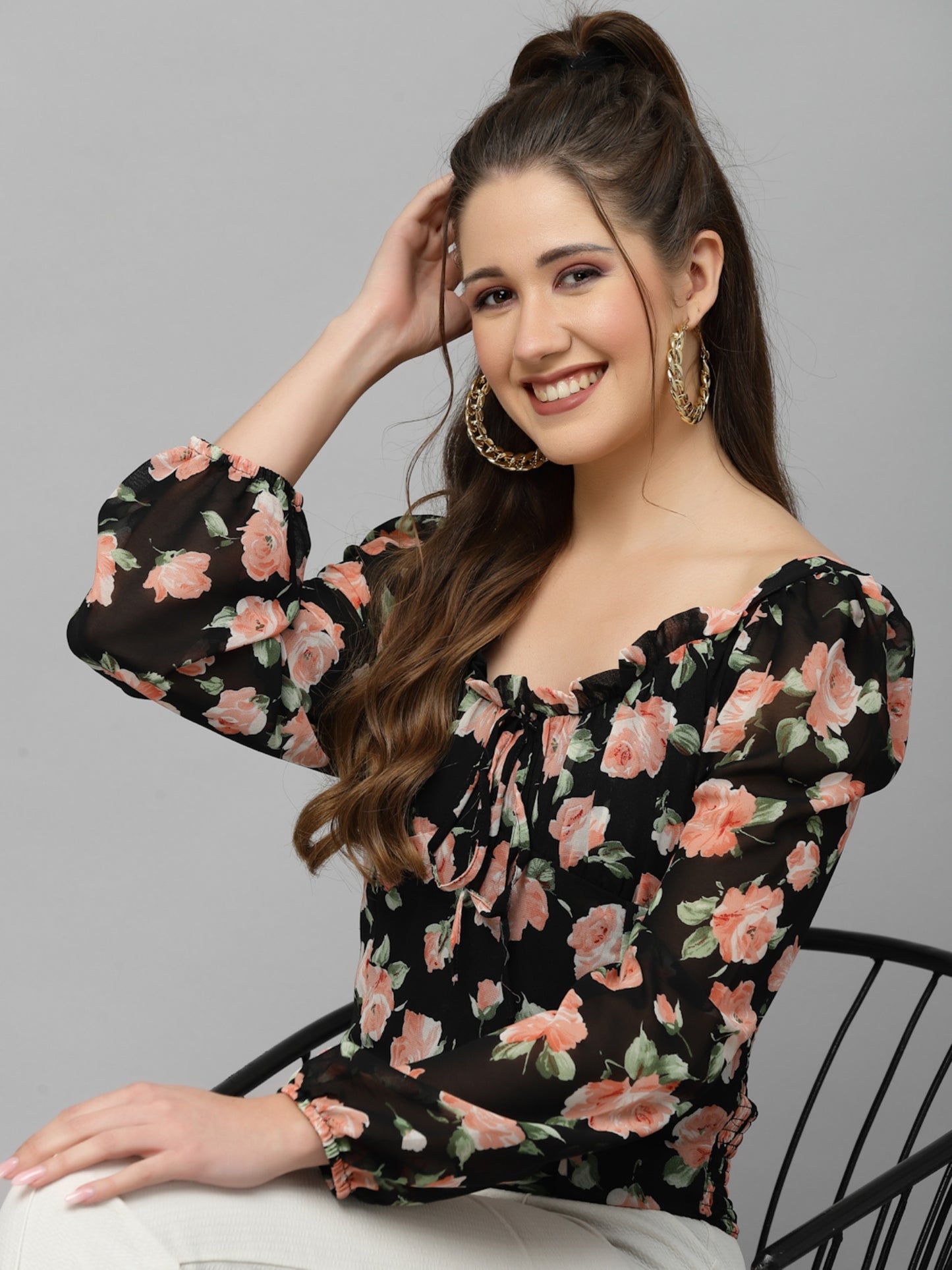 Mafadeny Black Floral Print Tie-Up Neck Chiffon Top