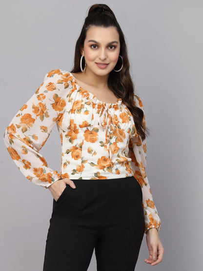 Mafadeny Floral Print Tie-Up Neck Top