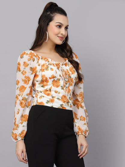 Mafadeny Floral Print Tie-Up Neck Top