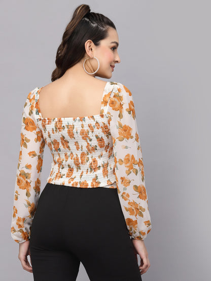 Mafadeny Floral Print Tie-Up Neck Top