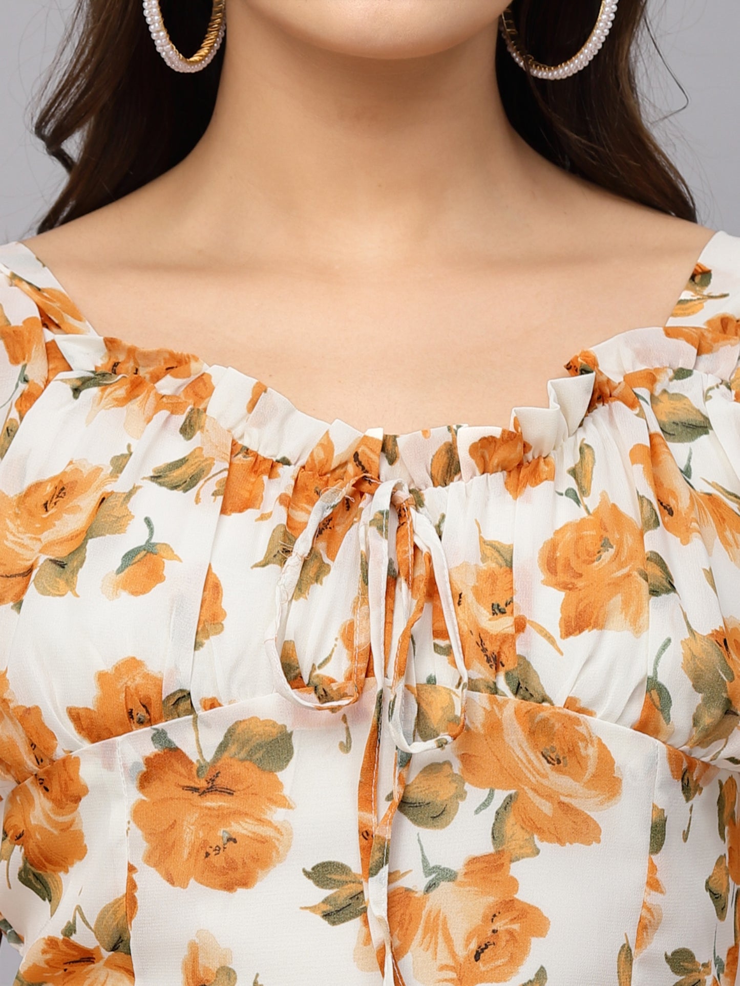 Mafadeny Floral Print Tie-Up Neck Top