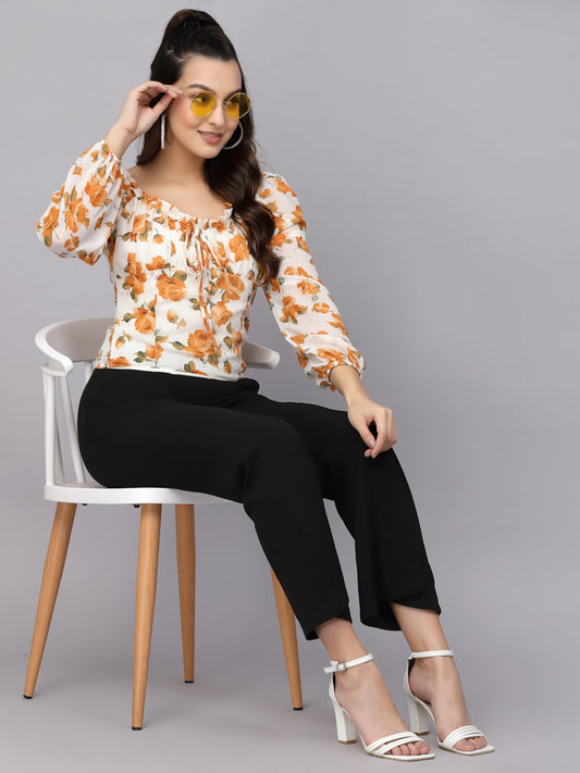 Mafadeny Floral Print Tie-Up Neck Top