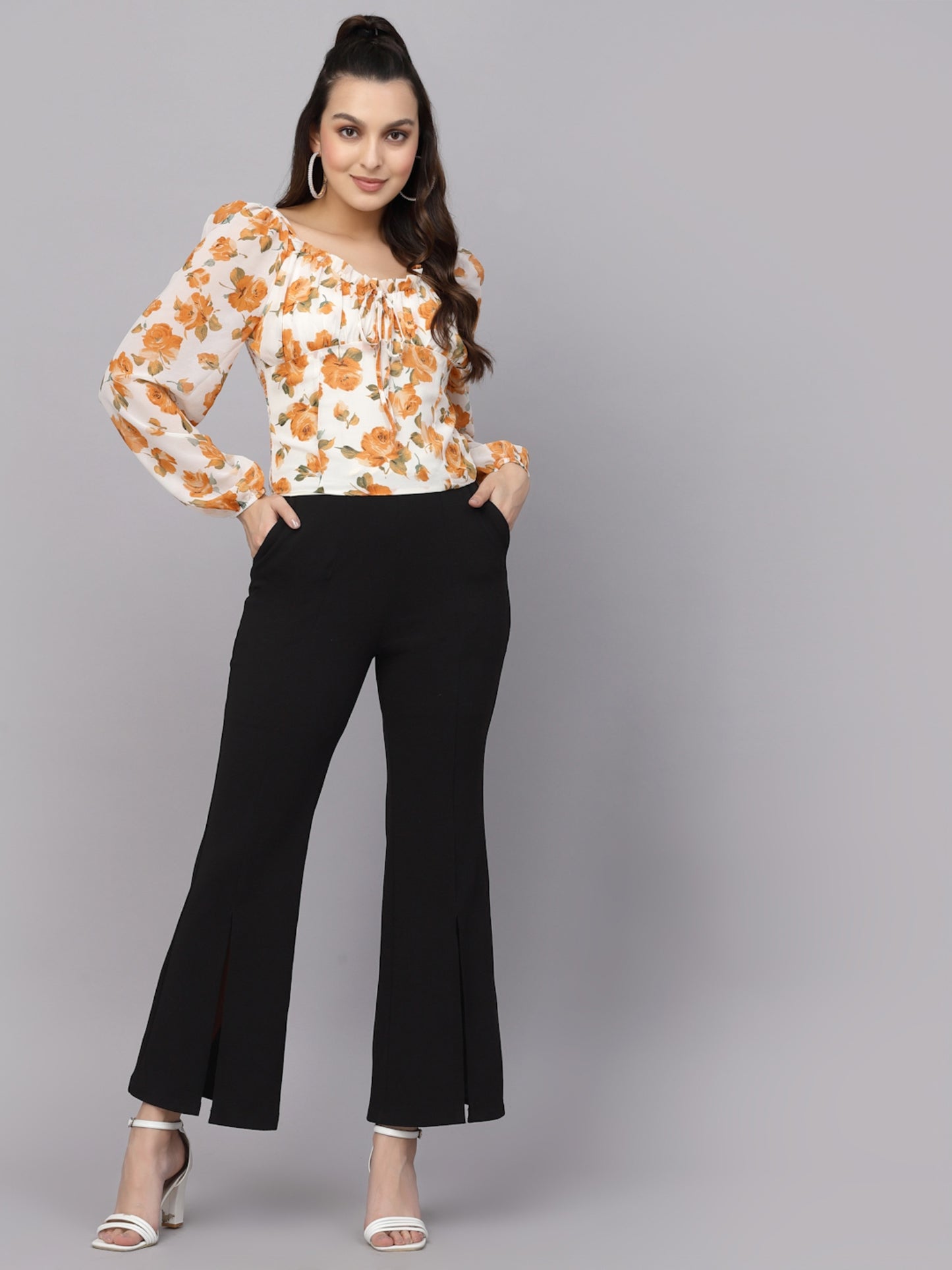 Mafadeny Floral Print Tie-Up Neck Top