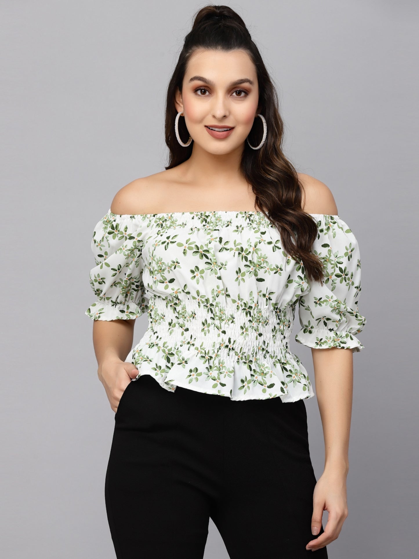 Mafadeny Floral Printed Off-Shoulder Crop Bardot Top