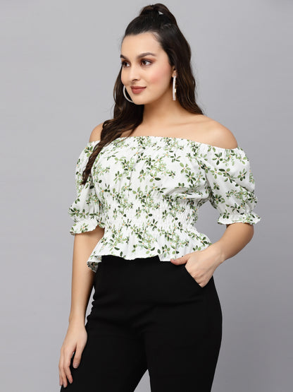 Mafadeny Floral Printed Off-Shoulder Crop Bardot Top