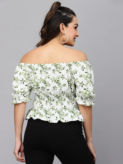 Mafadeny Floral Printed Off-Shoulder Crop Bardot Top