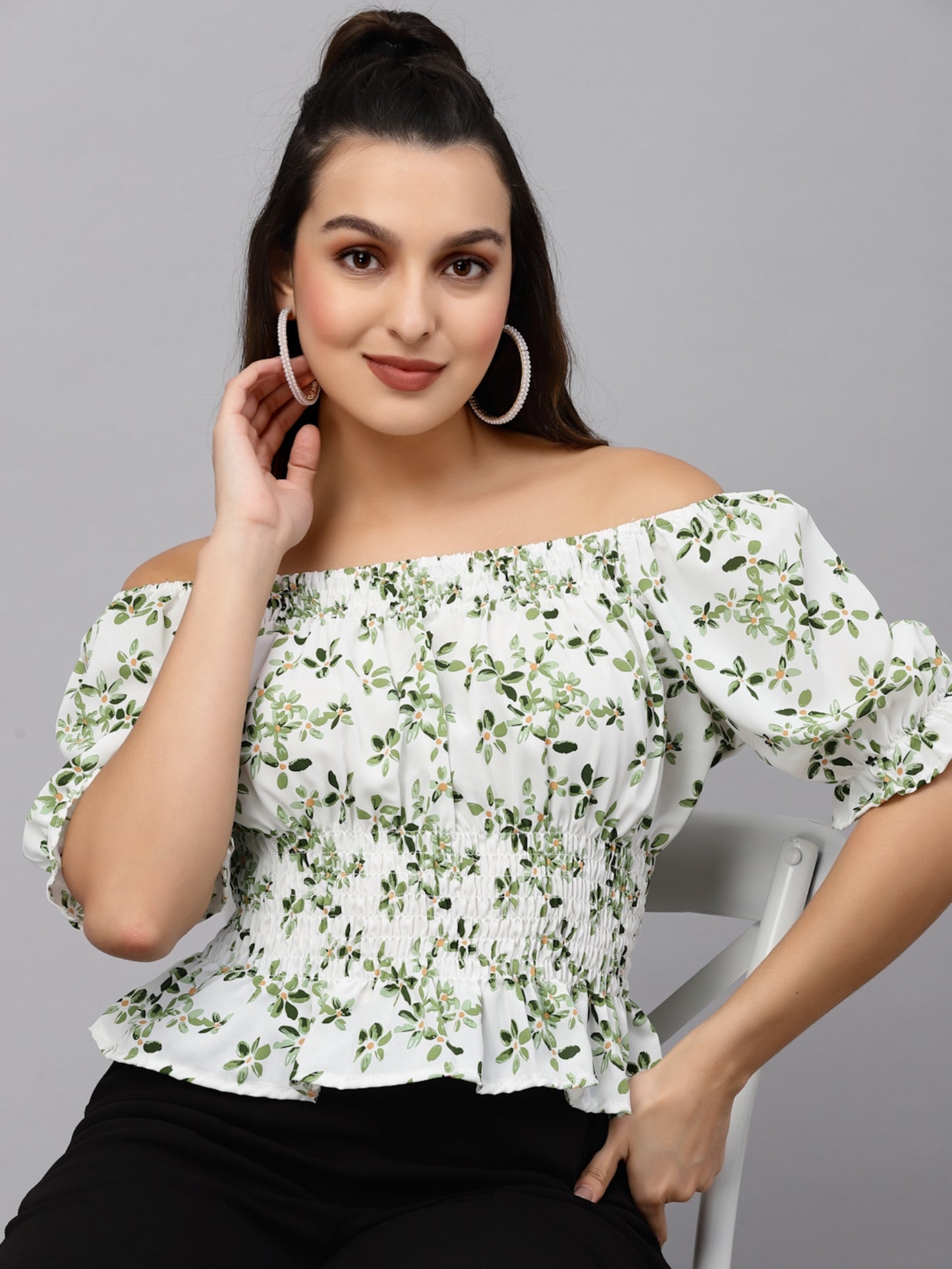 Mafadeny Floral Printed Off-Shoulder Crop Bardot Top