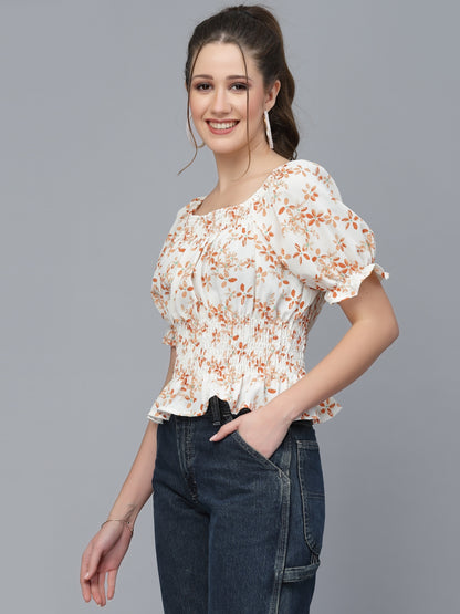 Mafadeny Rust Floral Print Cinched Waist Top