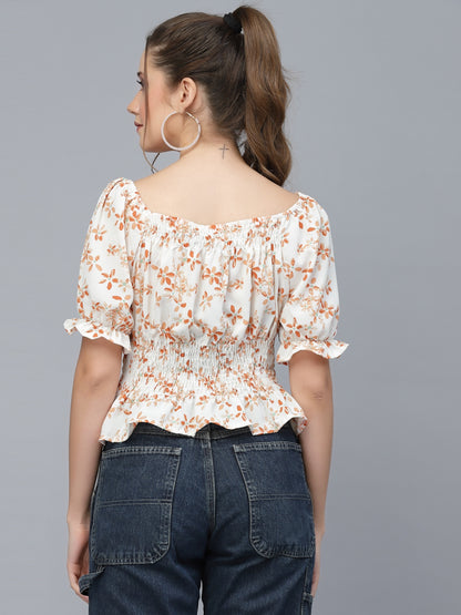 Mafadeny Rust Floral Print Cinched Waist Top