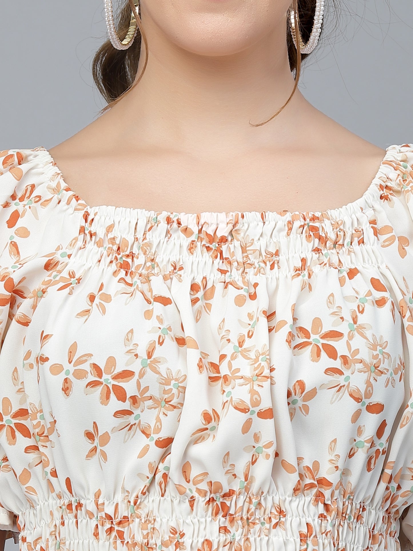 Mafadeny Rust Floral Print Cinched Waist Top