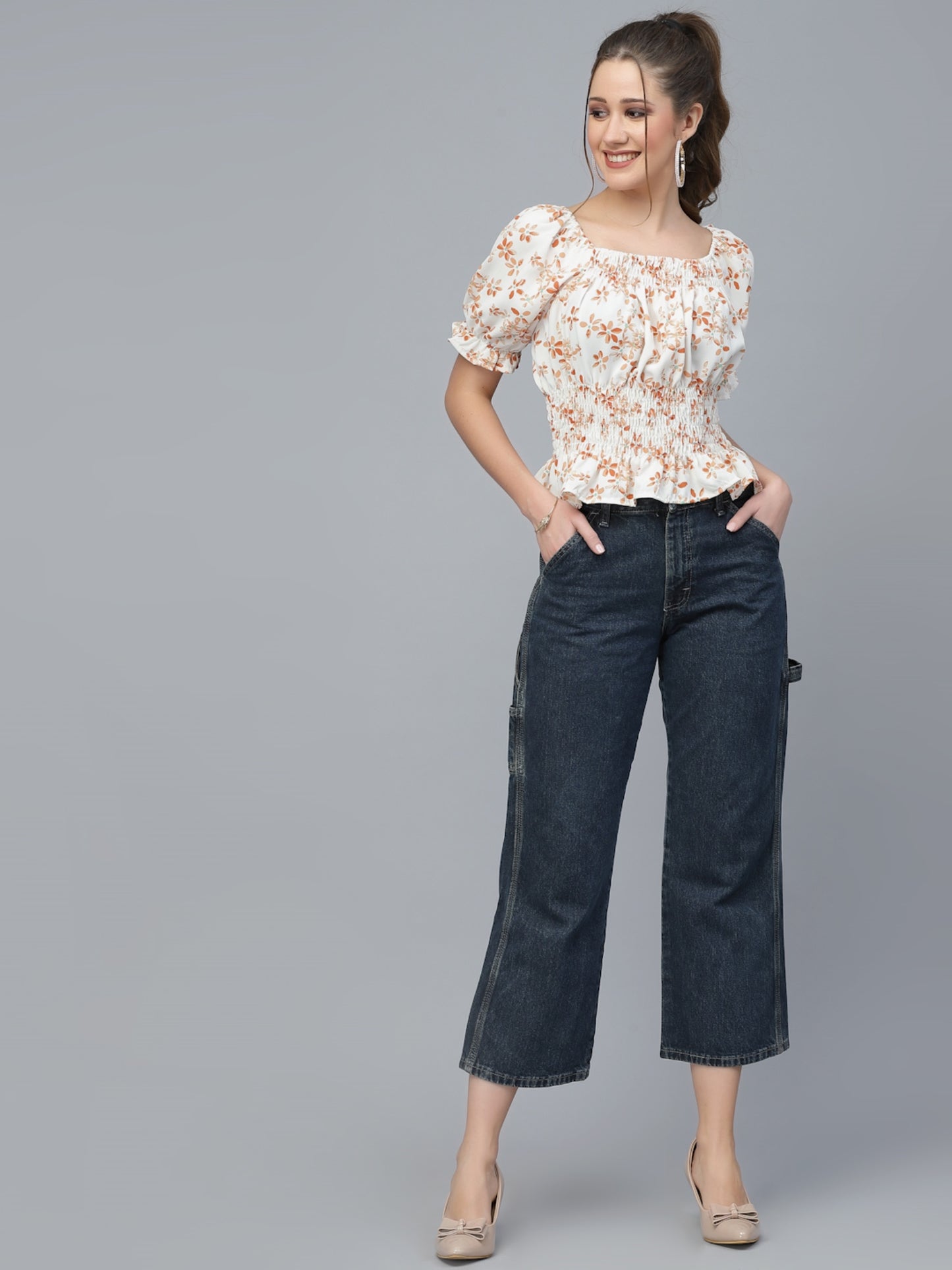 Mafadeny Rust Floral Print Cinched Waist Top