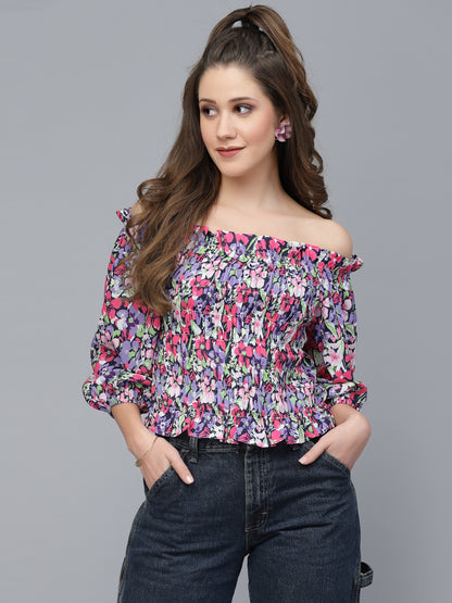 Mafadeny Purple Floral Print Off-Shoulder Bardot Top