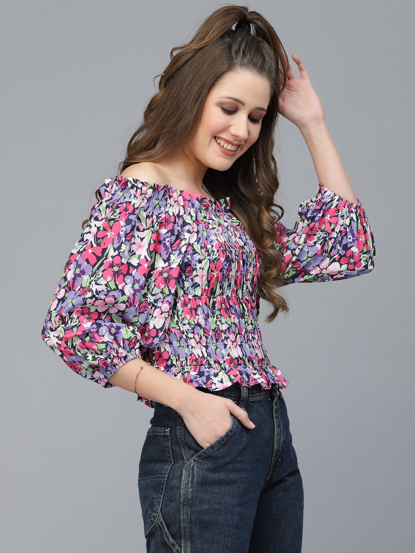 Mafadeny Purple Floral Print Off-Shoulder Bardot Top