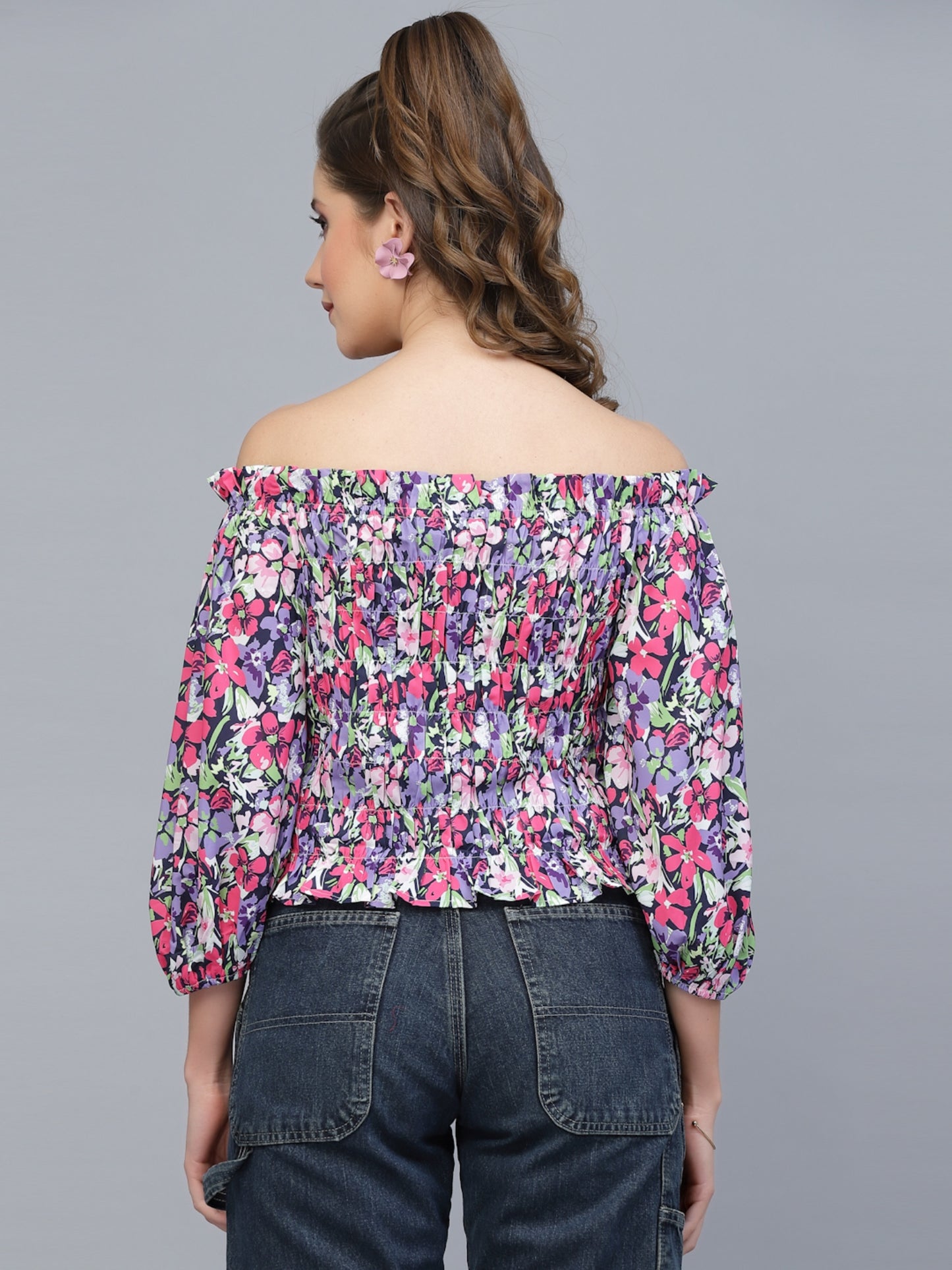 Mafadeny Purple Floral Print Off-Shoulder Bardot Top