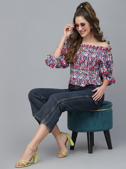 Mafadeny Purple Floral Print Off-Shoulder Bardot Top