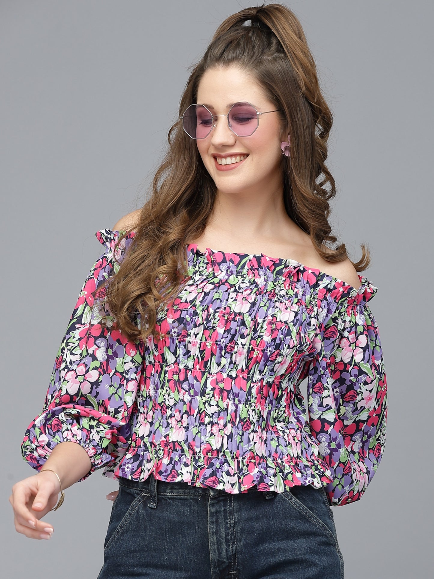 Mafadeny Purple Floral Print Off-Shoulder Bardot Top