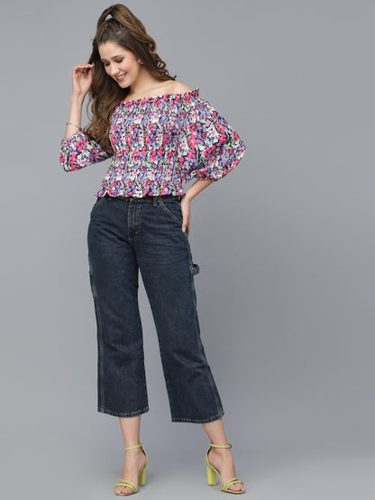 Mafadeny Purple Floral Print Off-Shoulder Bardot Top