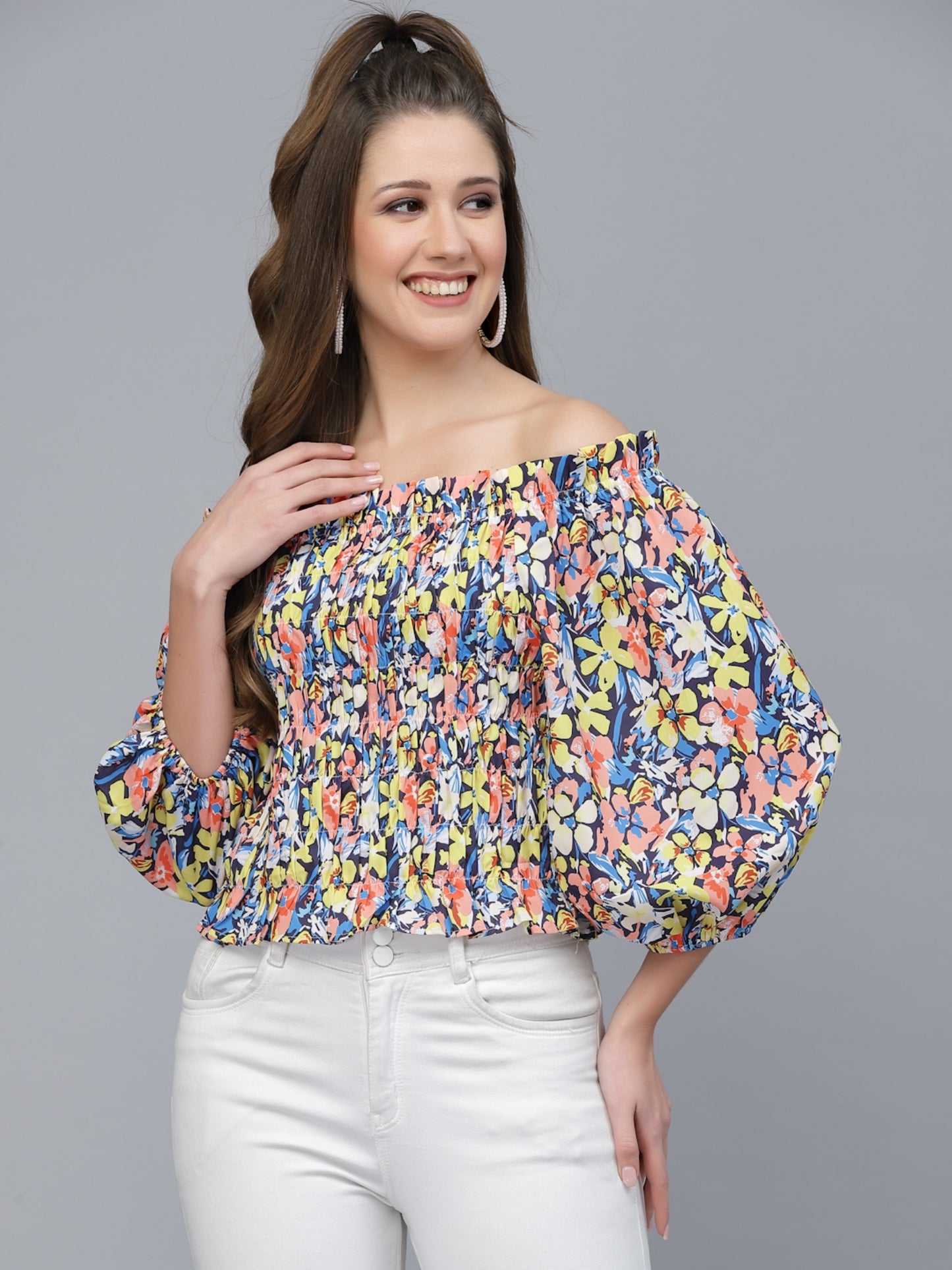 Mafadeny Yellow Floral Print Off-Shoulder Bardot Top