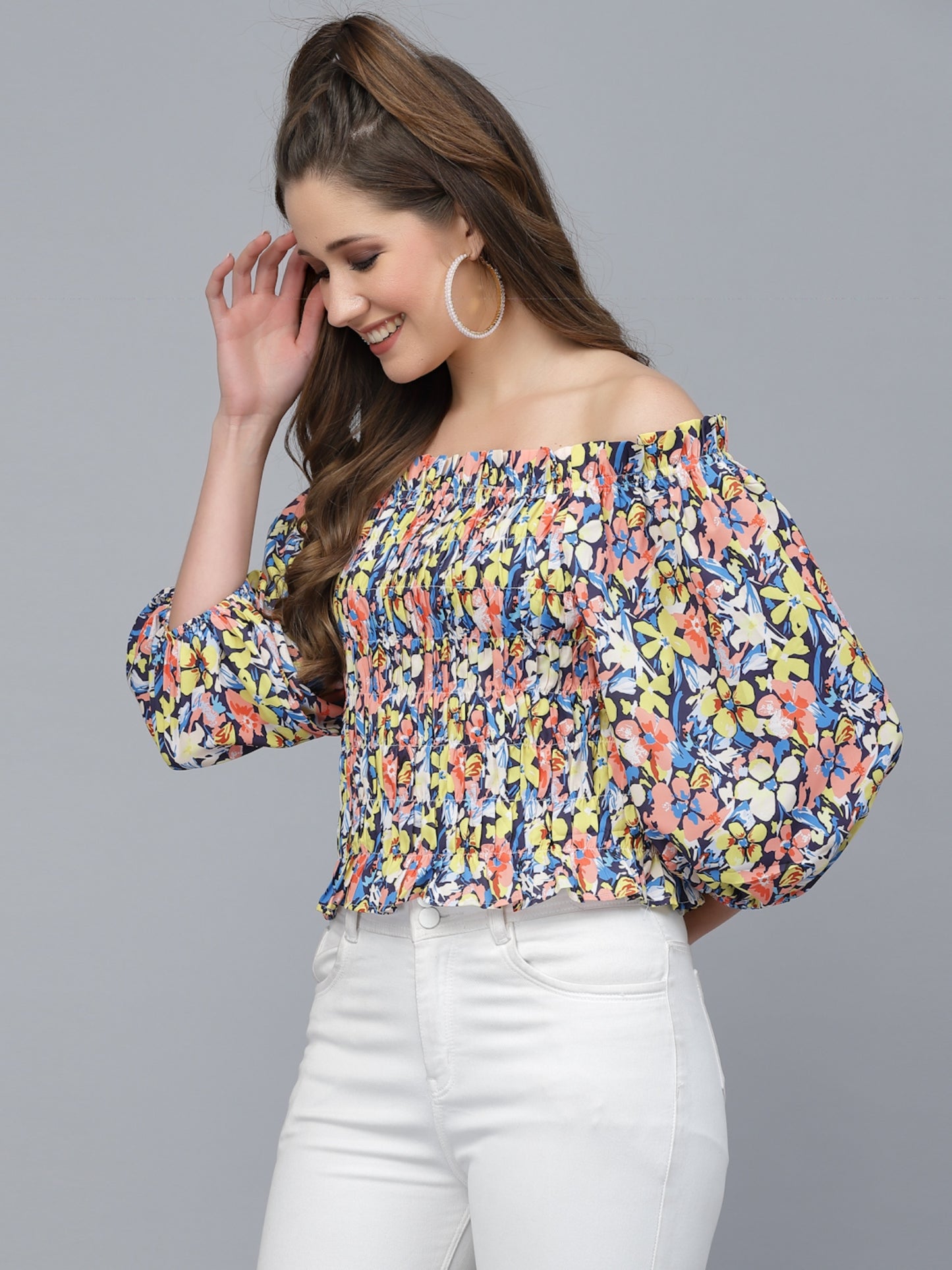 Mafadeny Yellow Floral Print Off-Shoulder Bardot Top