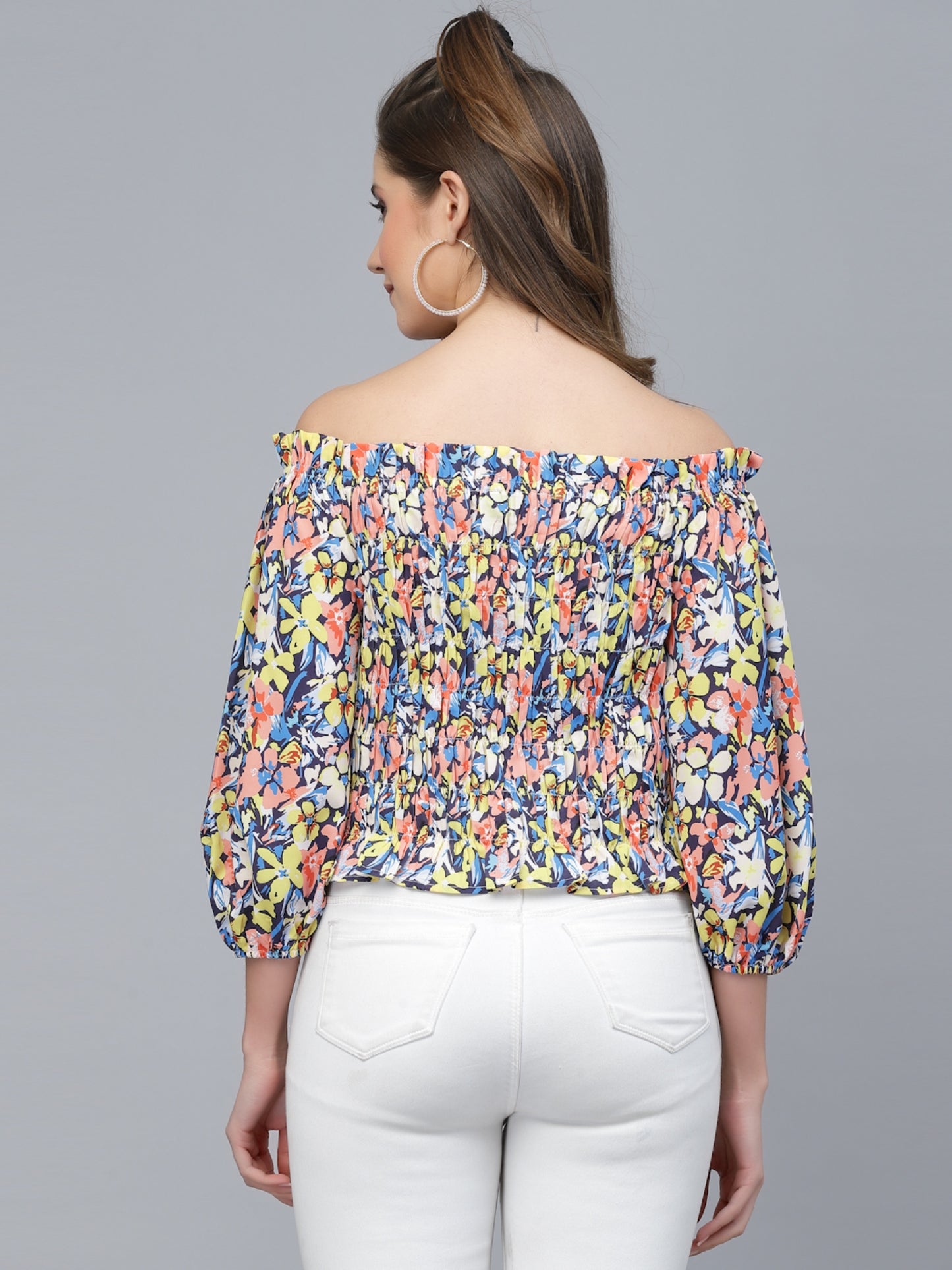 Mafadeny Yellow Floral Print Off-Shoulder Bardot Top