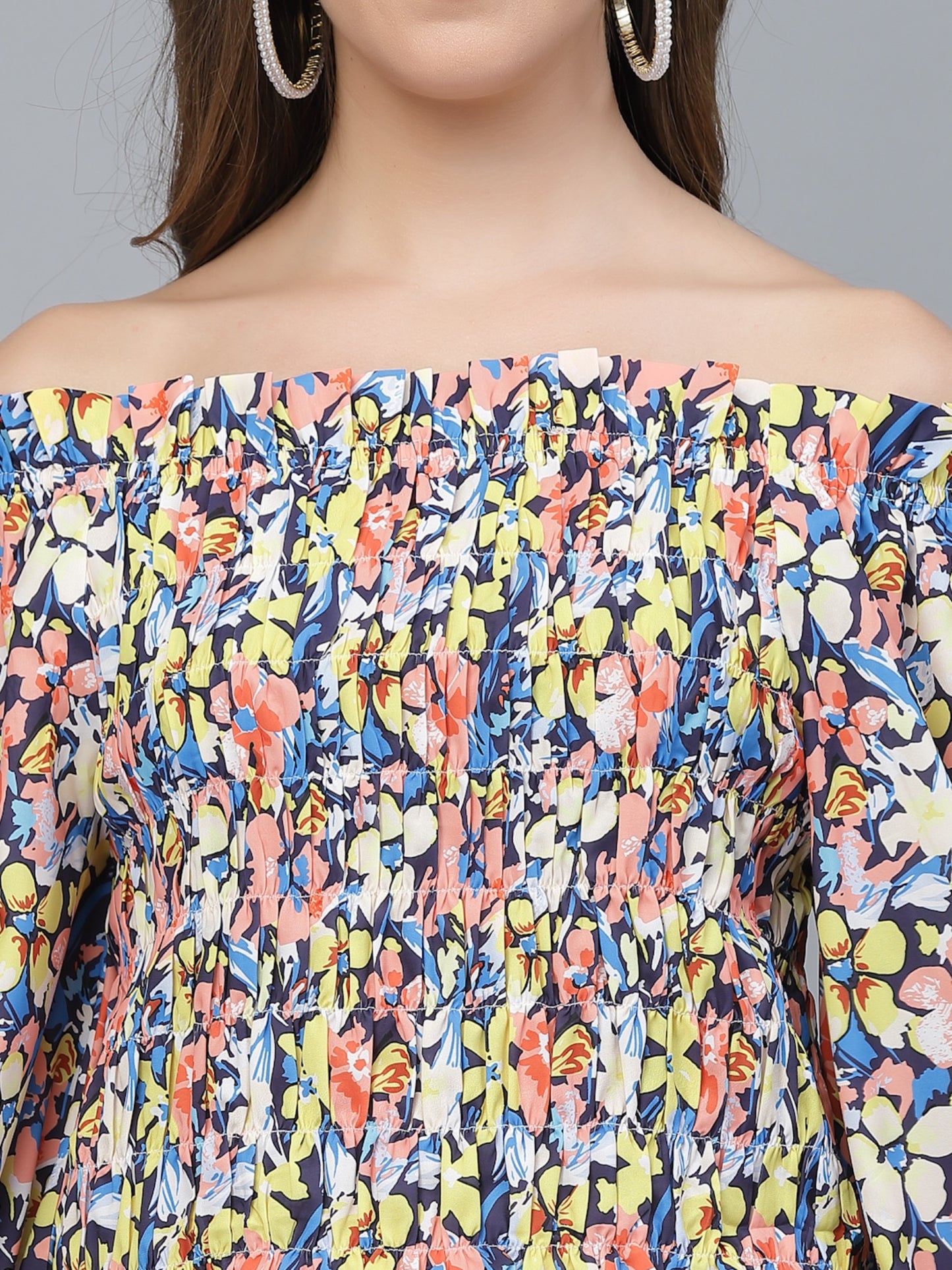 Mafadeny Yellow Floral Print Off-Shoulder Bardot Top