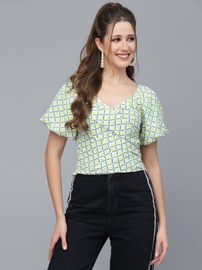 Mafadeny Green Geometric Print Wrap Top