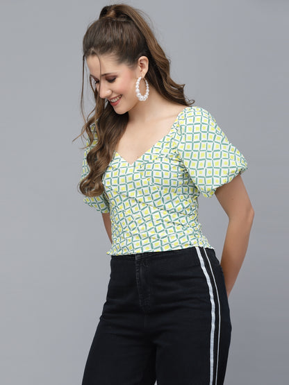 Mafadeny Green Geometric Print Wrap Top