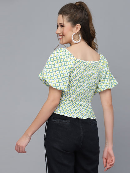 Mafadeny Green Geometric Print Wrap Top