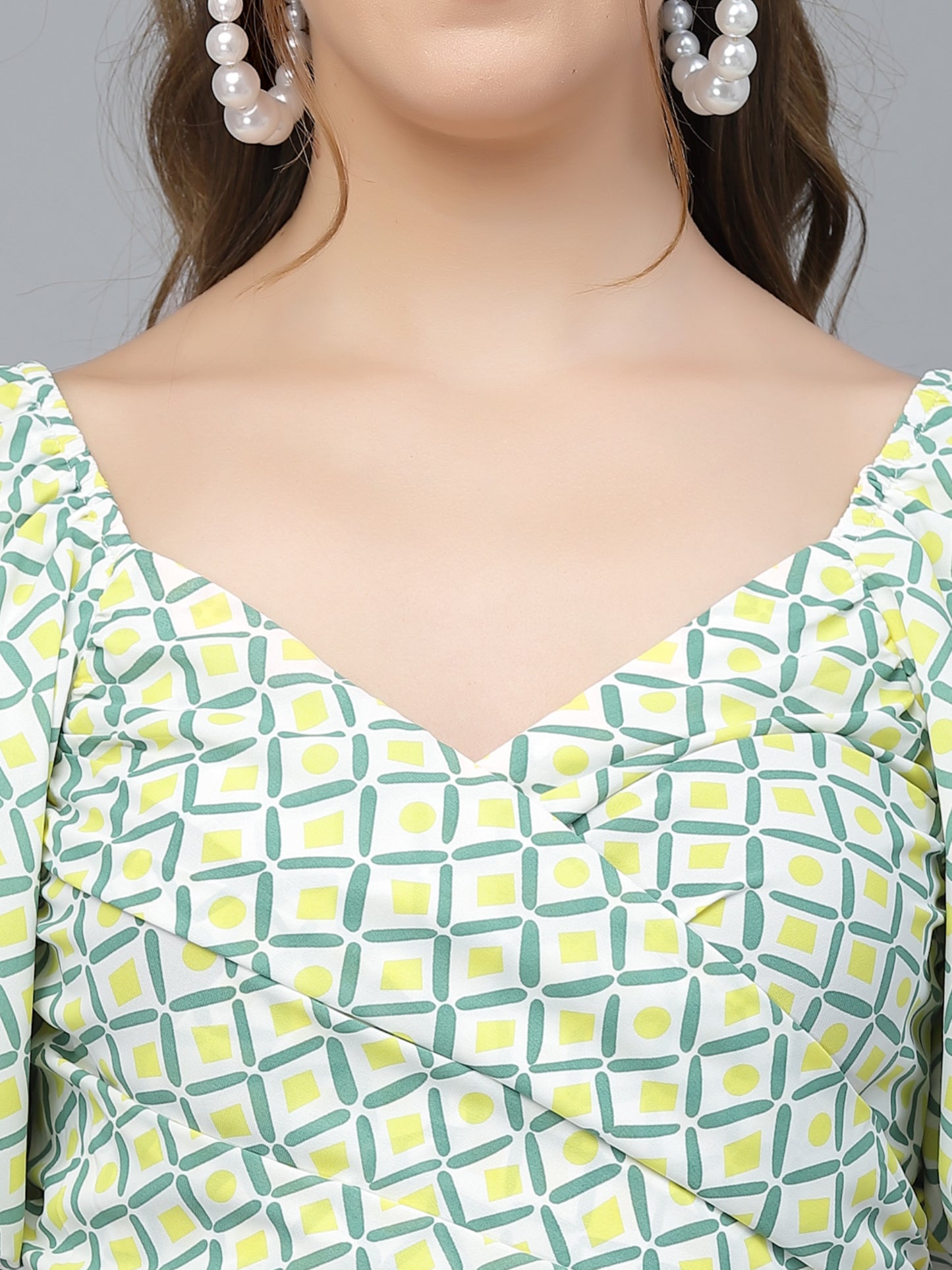 Mafadeny Green Geometric Print Wrap Top