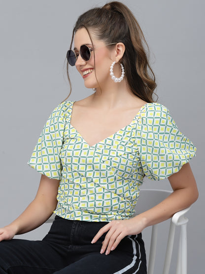 Mafadeny Green Geometric Print Wrap Top