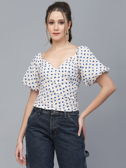 Mafadeny Geometric Printed Puff Sleeves V-Neck Wrap Top