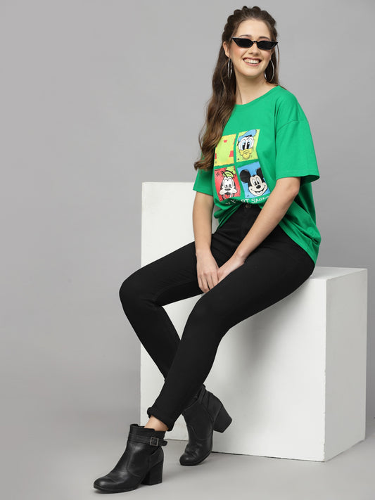 Mafadeny Mickey & Friends Printed Drop Shoulder Sleeves Cotton Loose T-shirt