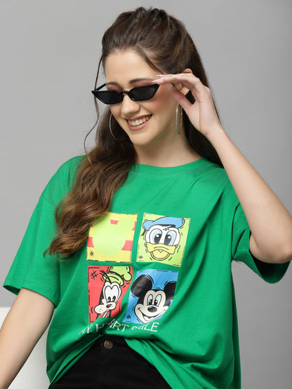 Mafadeny Mickey & Friends Printed Drop Shoulder Sleeves Cotton Loose T-shirt