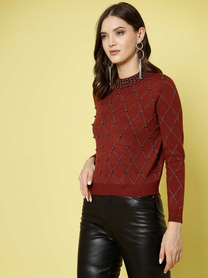 Mafadeny Women Winter Wear Maroon Top Embellished Details