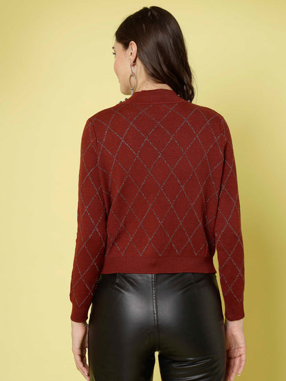 Mafadeny Women Winter Wear Maroon Top Embellished Details