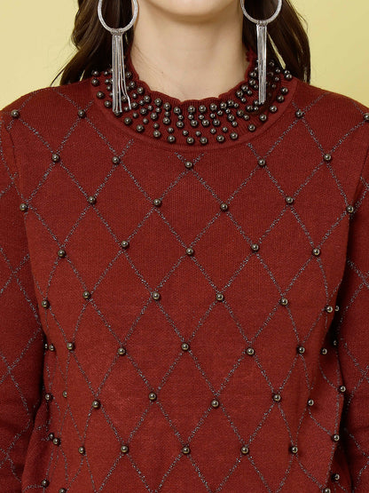 Mafadeny Women Winter Wear Maroon Top Embellished Details