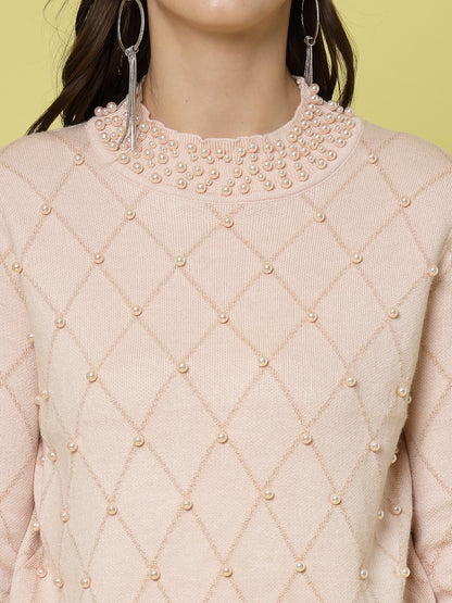 Mafadeny Women Winter Wear Peach Top Embellished Details