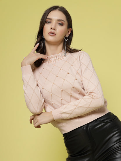 Mafadeny Women Winter Wear Peach Top Embellished Details