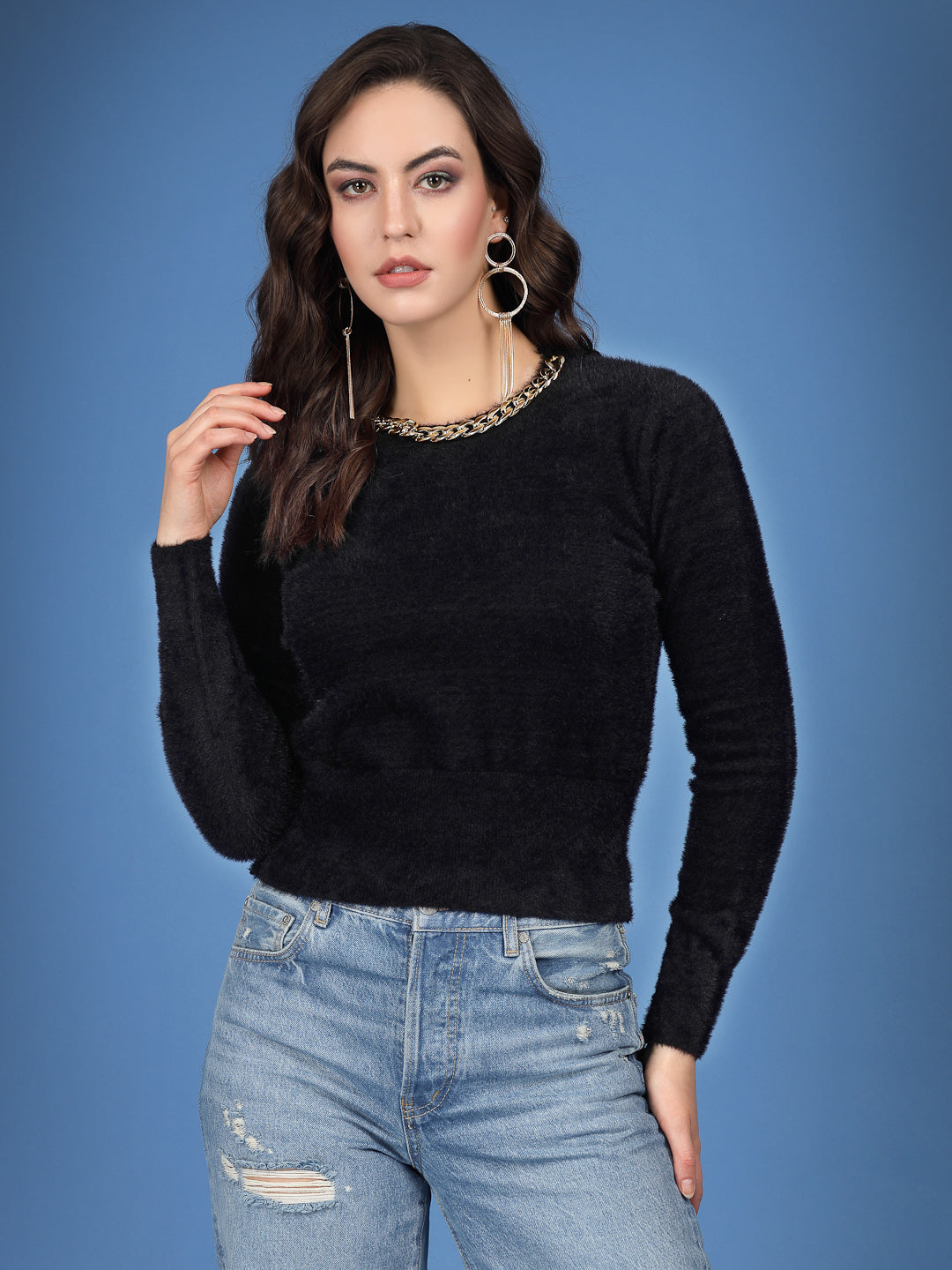 Mafadeny Women Winter Wear Black Crop Top Embellished Detail