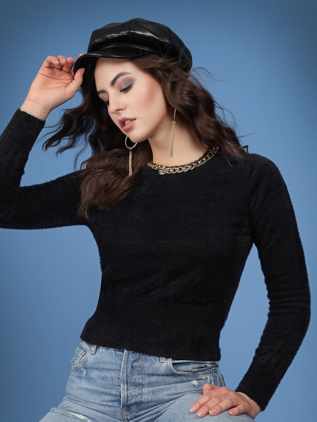 Mafadeny Women Winter Wear Black Crop Top Embellished Detail