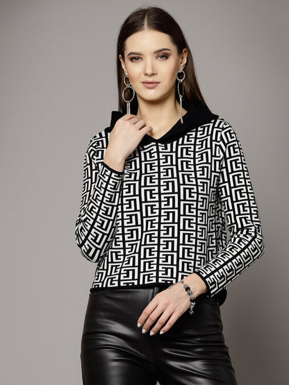 Mafadeny Women Winter Wear Black & White Stylish Crop Top