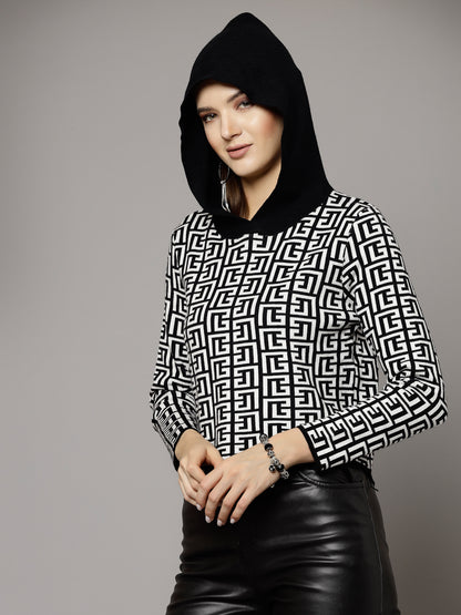 Mafadeny Women Winter Wear Black & White Stylish Crop Top