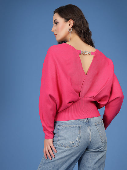 Mafadeny Women Winter Wear Hot Pink Crop Stylish Top With Back Embellished Details