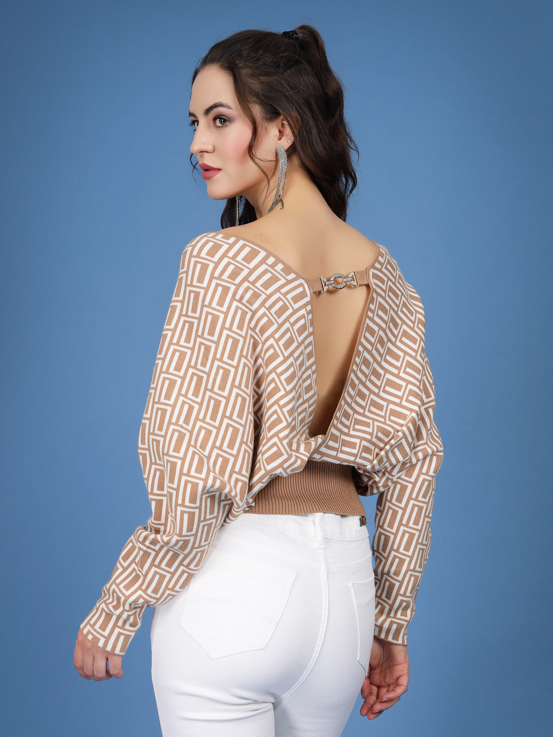 Mafadeny Women Khakhi & White Pullover Sweater With Embellished Details