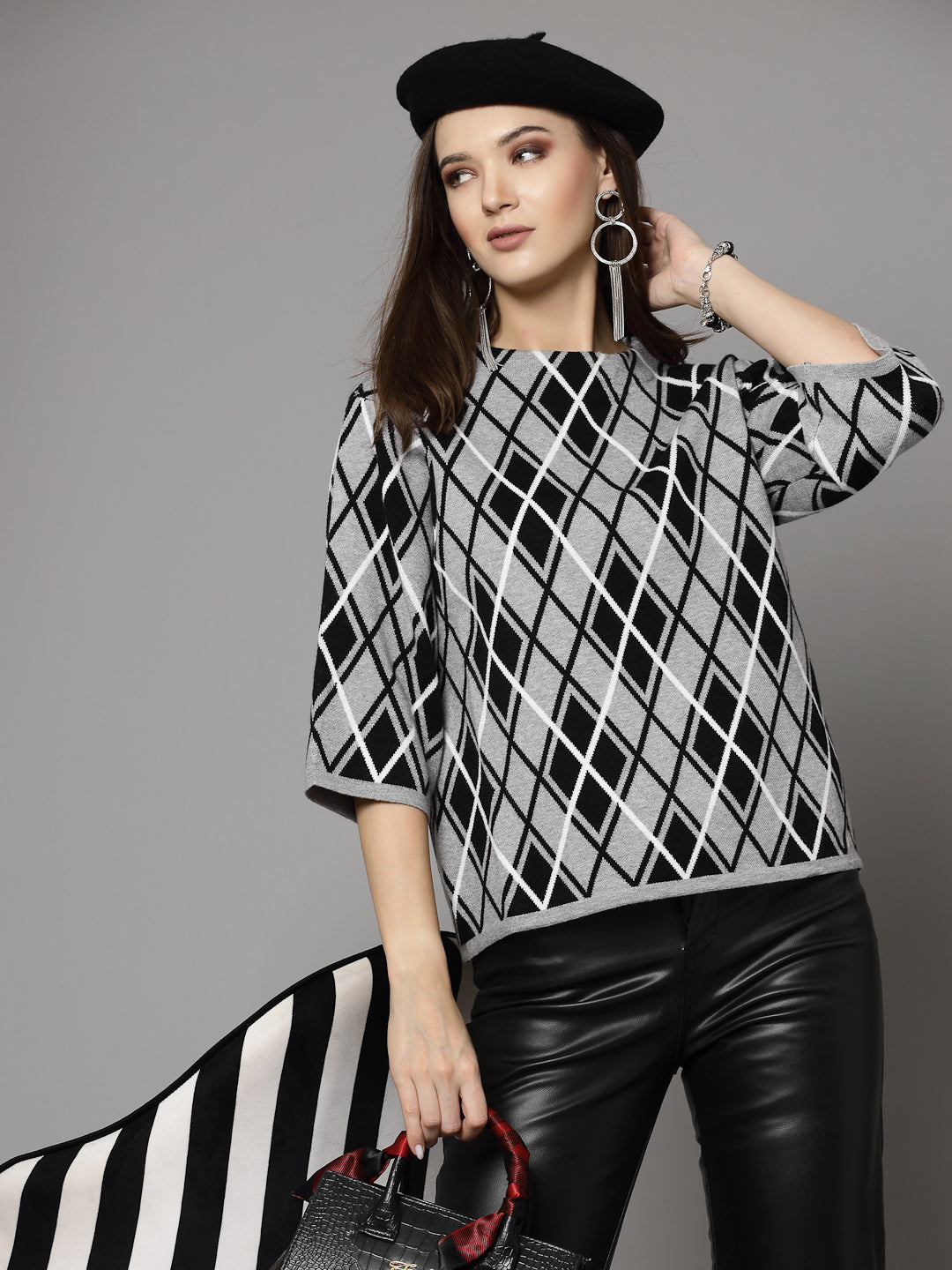 Mafadeny Women Winter Wear Grey & Black Stylished Top