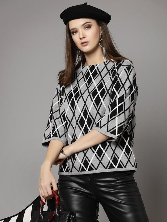 Mafadeny Women Winter Wear Grey & Black Stylished Top