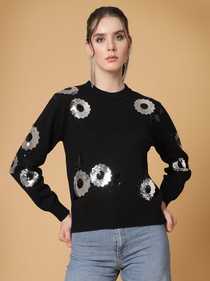 Mafadeny Women Winter Wear Black Embellished Detail Pullover