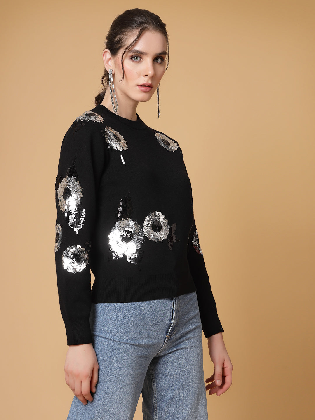 Mafadeny Women Winter Wear Black Embellished Detail Pullover